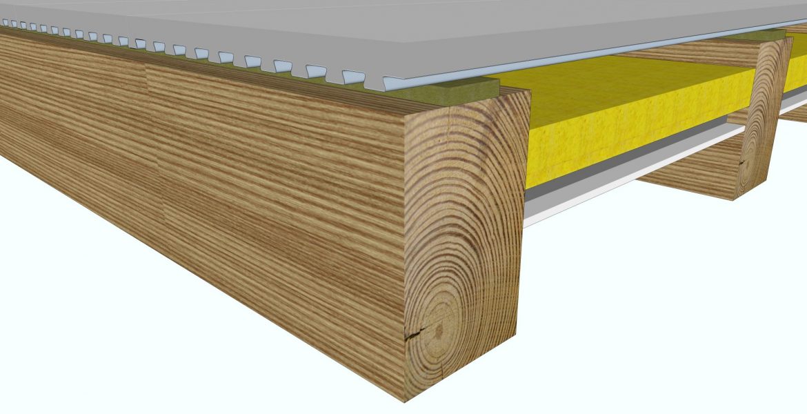 Exposed timber joist ceiling that achieves both an acoustic separation rating and a fire rating