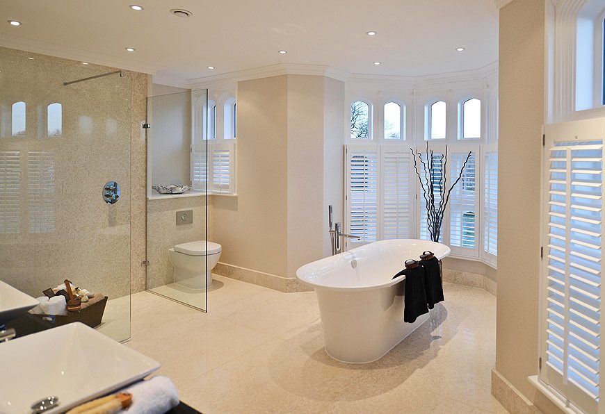 Octagon Homes Kingswood mansion house conversion wet room, bathroom large format marble tiles underfloor heating